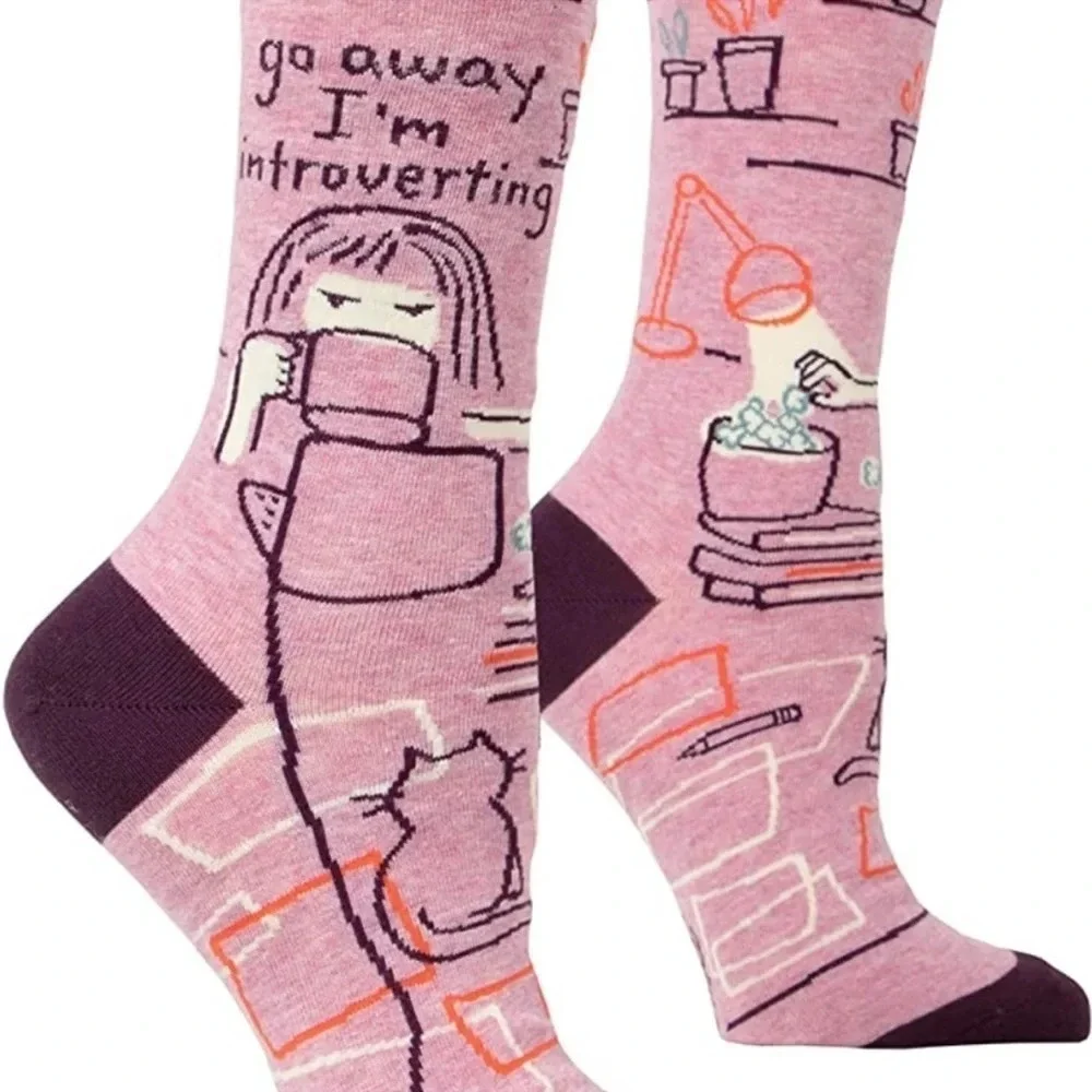 NWT Blue Q‎ Womens Crew Socks Go Away Introvert Cat Mom Novelty Fun Gag Gift New